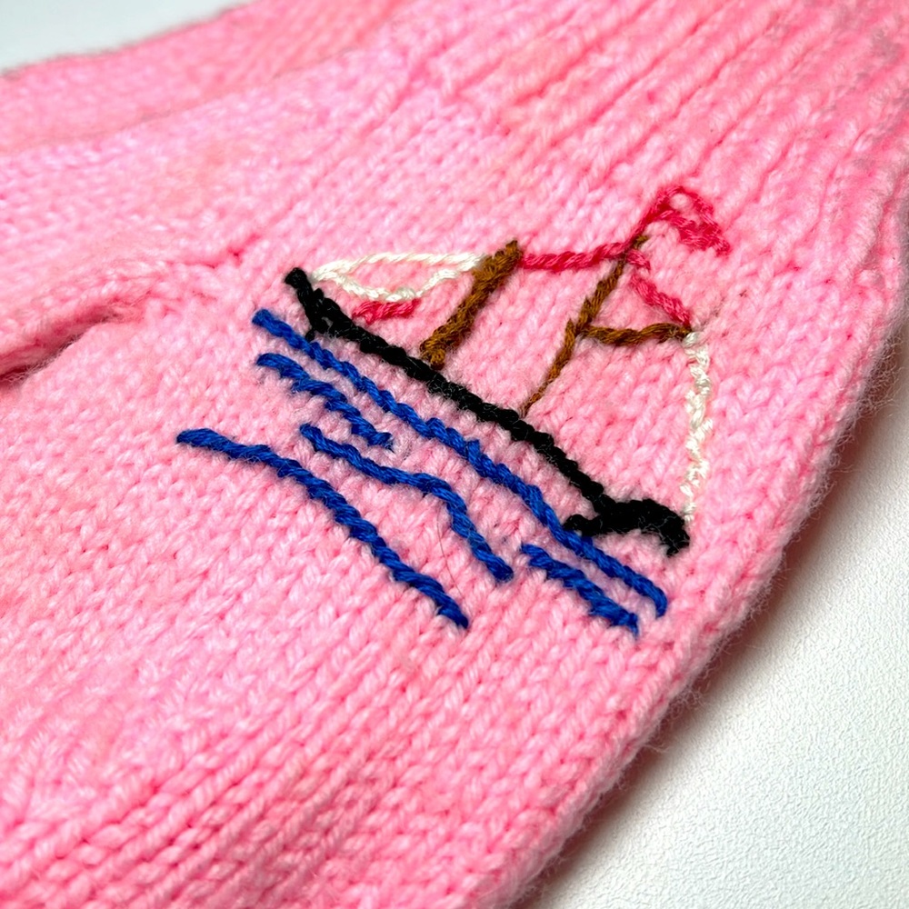 Handmade Mittens with Boat Embroidery Pink Snow Winter Knit Warm Cute Girls Kids